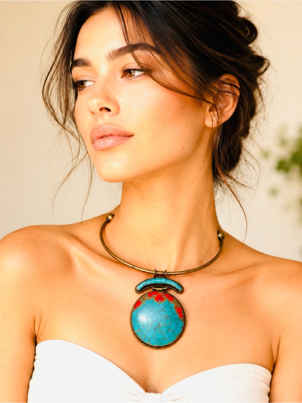 Turquoise and Red Statement Pendant Collar Necklace - Women Jewelry